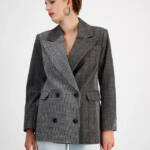 Avec Les Filles Mixed-Print Double Breasted Wool Blend Blazer Women's L Espresso