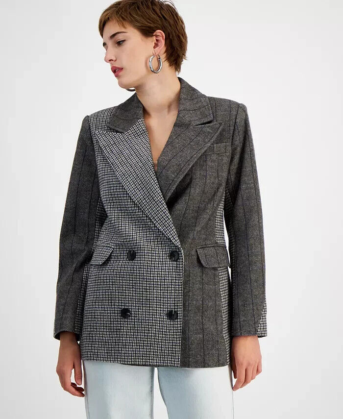Avec Les Filles Mixed-Print Double Breasted Wool Blend Blazer Women's L Espresso