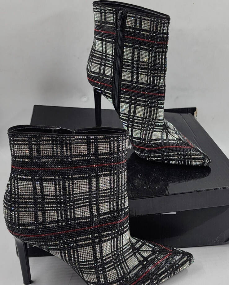 INC Reisa 4 Rhinestone Plaid Booties Women's 8.5M Multi Pointed Toe Stiletto