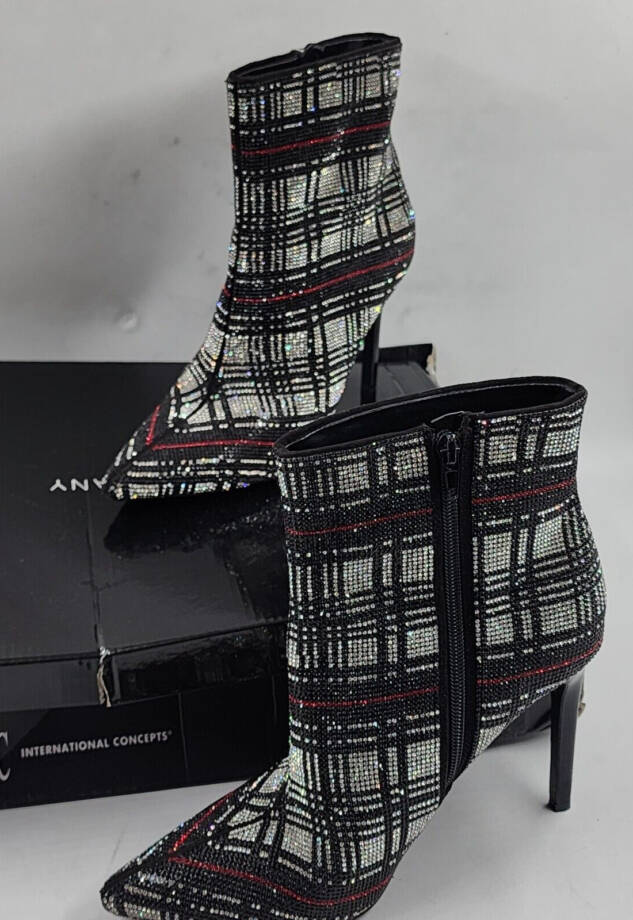 INC Reisa 4 Rhinestone Plaid Booties Women's 8.5M Multi Pointed Toe Stiletto