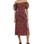 French Connection Clara Flavia Puff-Sleeve Midi Dress Women's 6 Black Multi