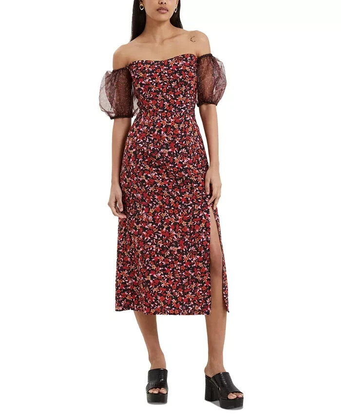 French Connection Clara Flavia Puff-Sleeve Midi Dress Women's 6 Black Multi