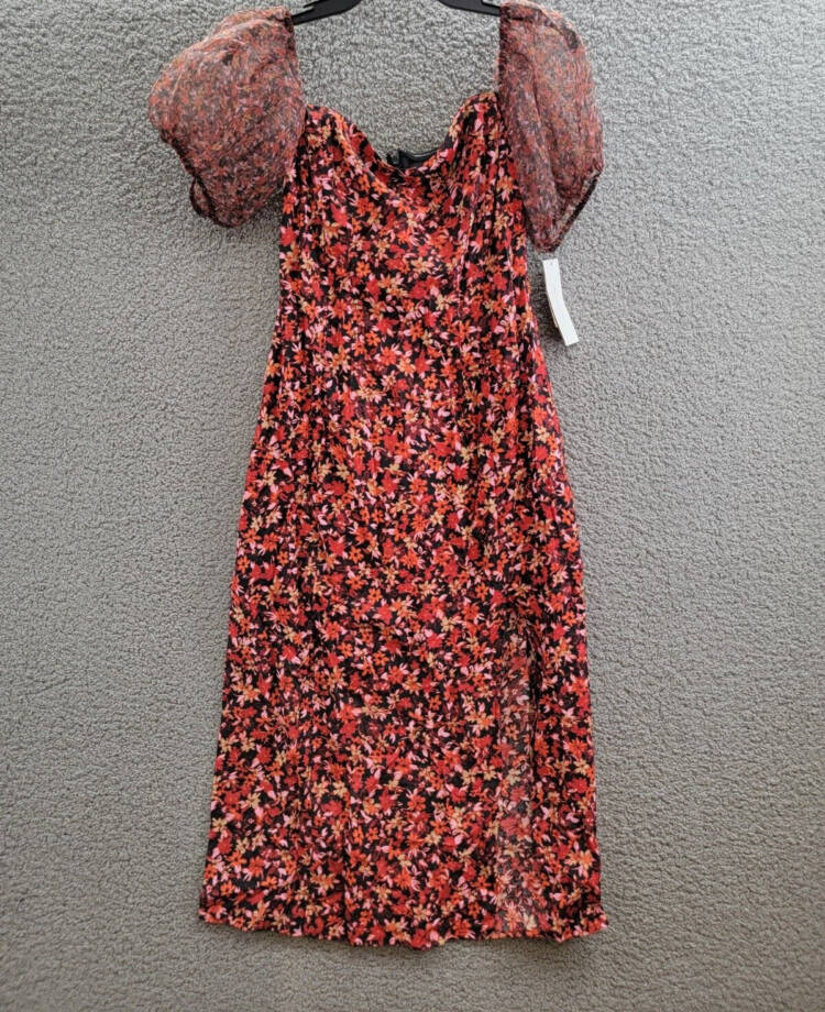 French Connection Clara Flavia Puff-Sleeve Midi Dress Women's 6 Black Multi