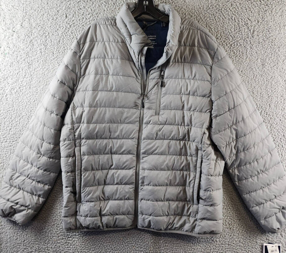 Club Room Quilted Packable Puffer Jacket Men's XL Heather Grey Zip Closure L/S~