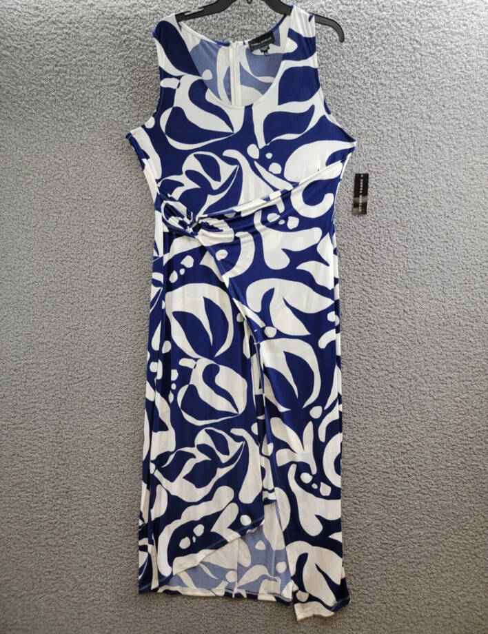 Donna Morgan Printed Wrap-Waist Asymmetric Dress Women's 16 Navy/Soft White