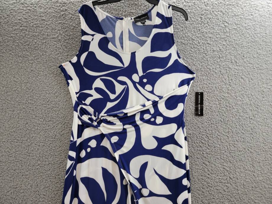 Donna Morgan Printed Wrap-Waist Asymmetric Dress Women's 16 Navy/Soft White