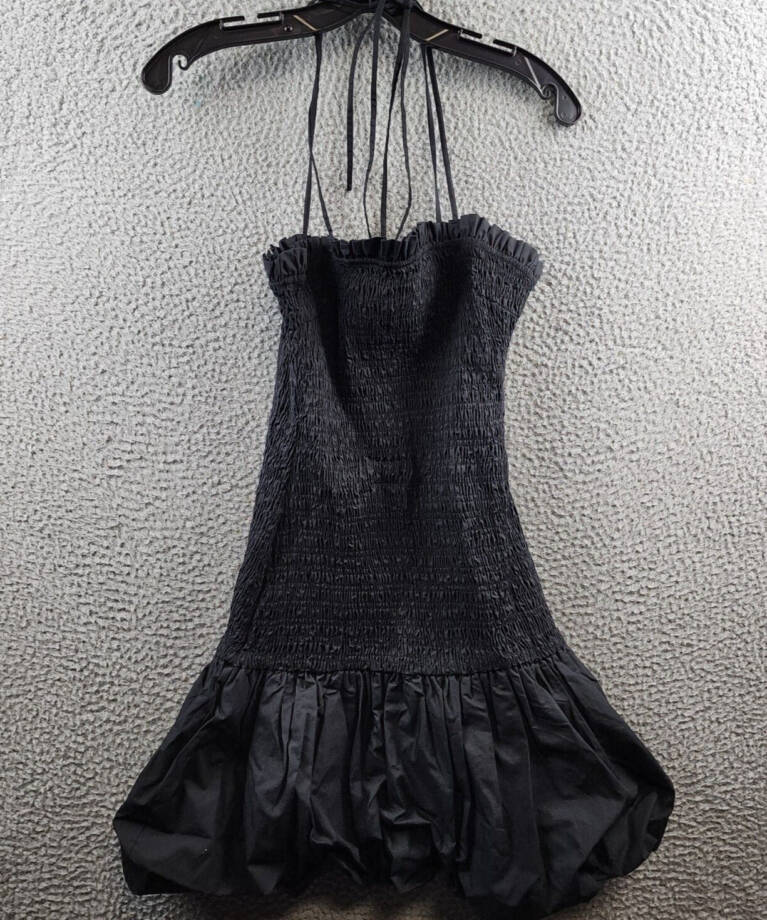 En Saison Smocked Bubble Hem Mini Dress Women's M Black Sleeveless Back Zip +