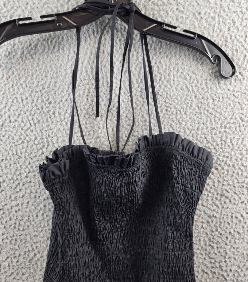 En Saison Smocked Bubble Hem Mini Dress Women's M Black Sleeveless Back Zip +