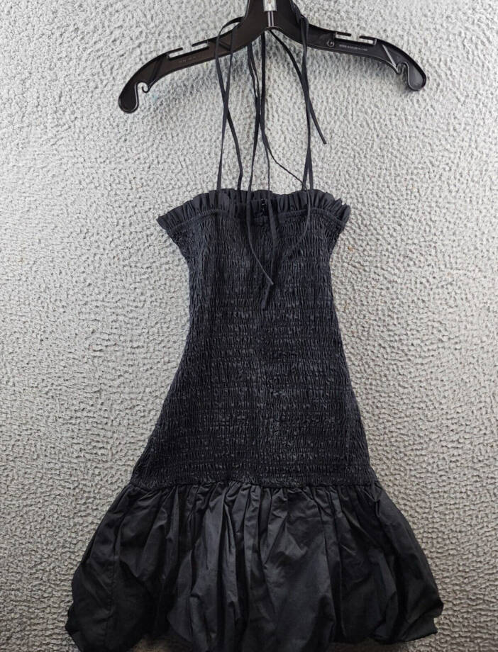 En Saison Smocked Bubble Hem Mini Dress Women's M Black Sleeveless Back Zip +