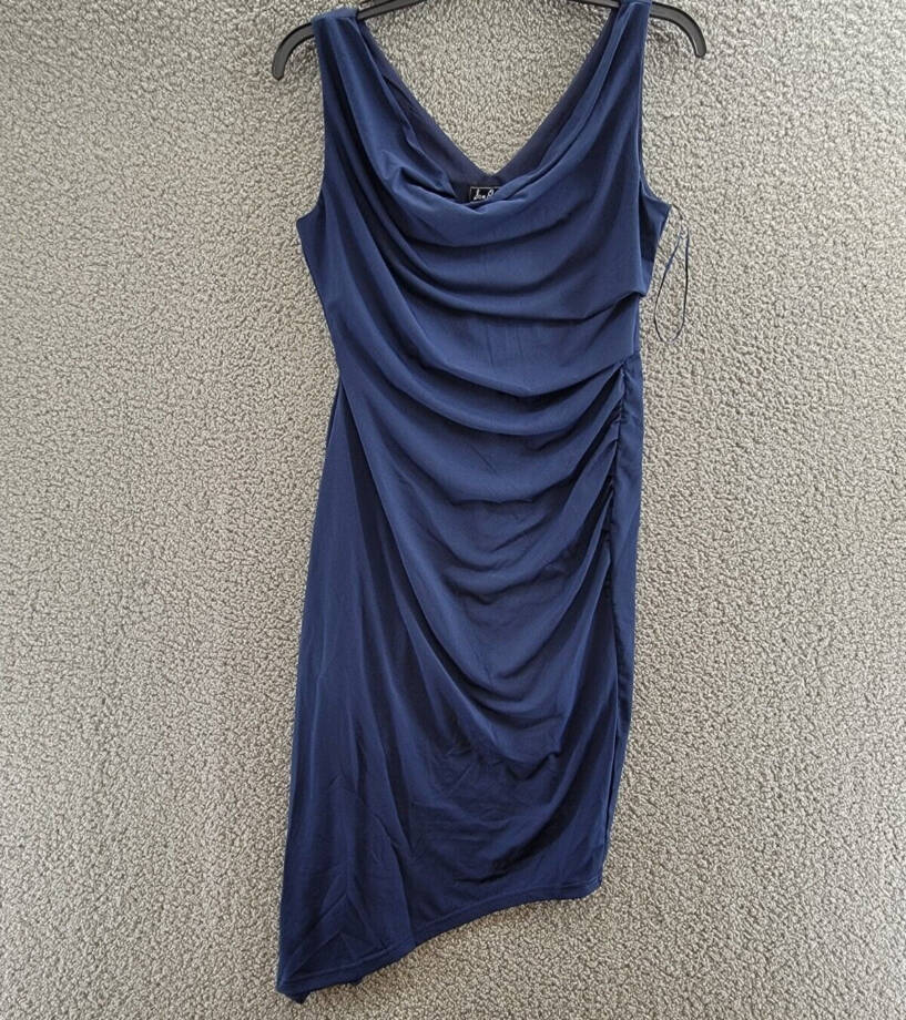 Sam Edelman Draped Knit Sheath Dress Women's M Navy V-Neck Sleeveless Pullover