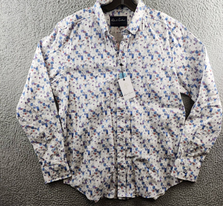 Robert Graham Linen Blend Button Front Shirt Men's L Blue Hawaiian Long Sleeve