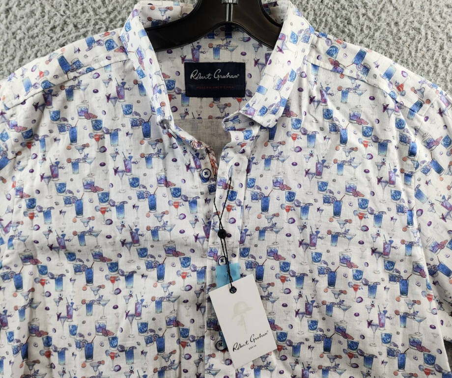 Robert Graham Linen Blend Button Front Shirt Men's L Blue Hawaiian Long Sleeve