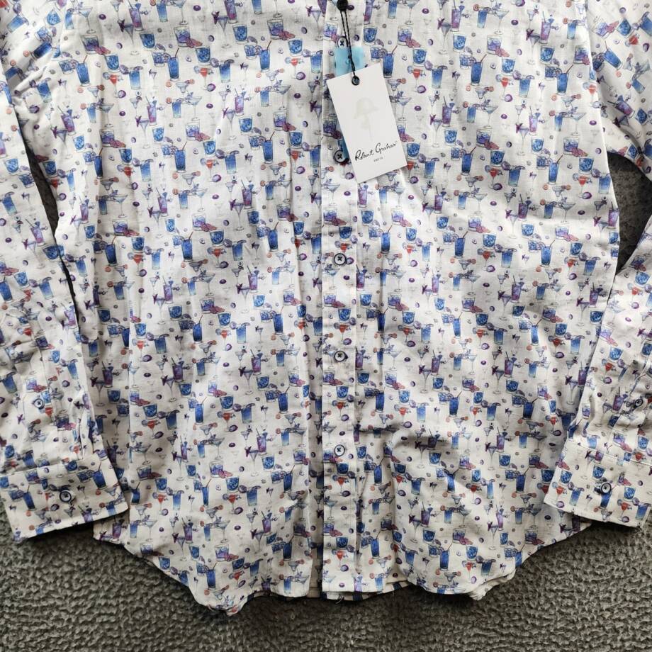 Robert Graham Linen Blend Button Front Shirt Men's L Blue Hawaiian Long Sleeve