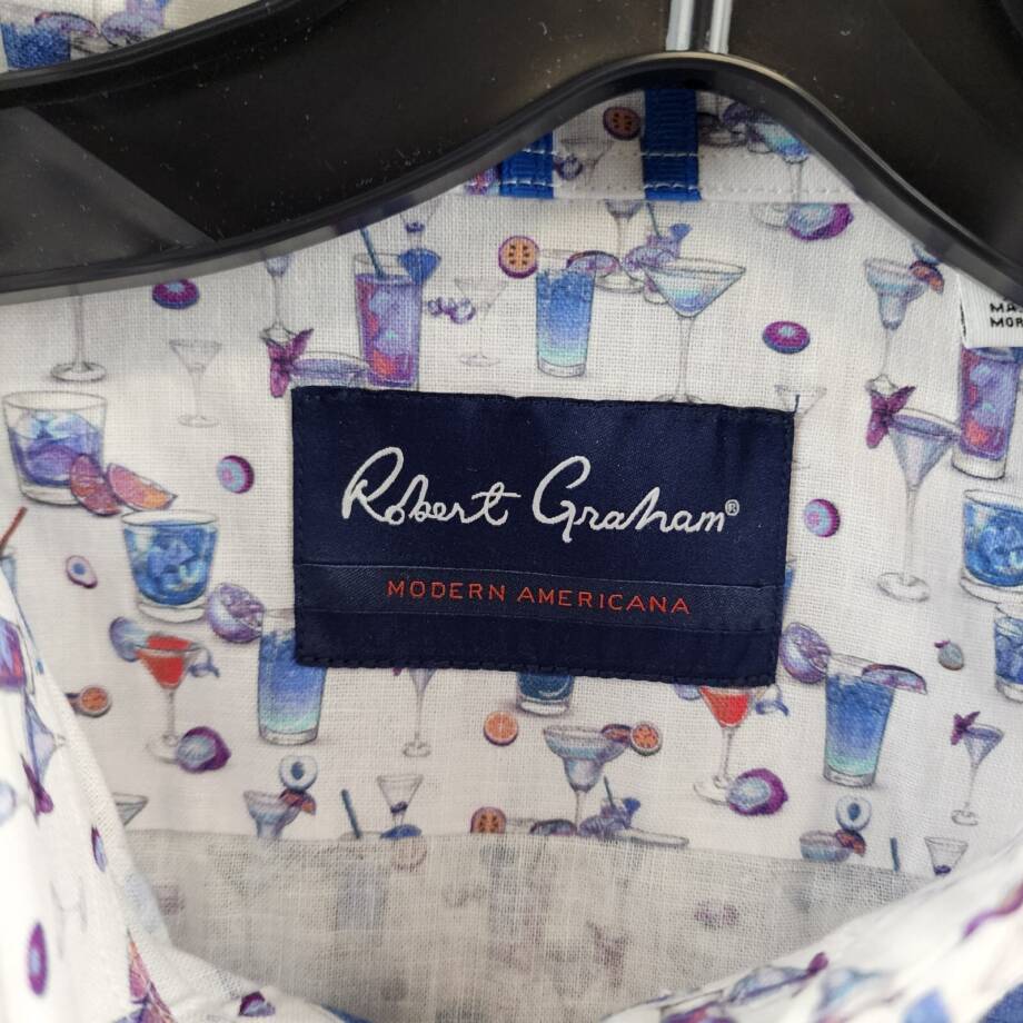 Robert Graham Linen Blend Button Front Shirt Men's L Blue Hawaiian Long Sleeve
