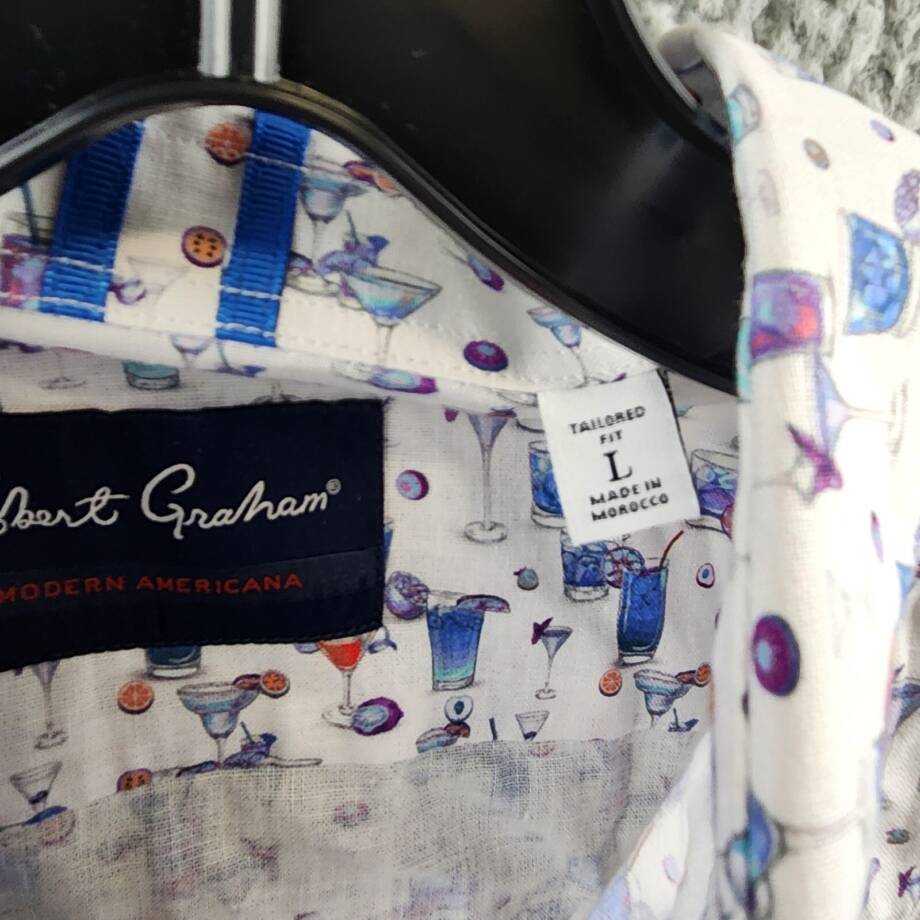 Robert Graham Linen Blend Button Front Shirt Men's L Blue Hawaiian Long Sleeve