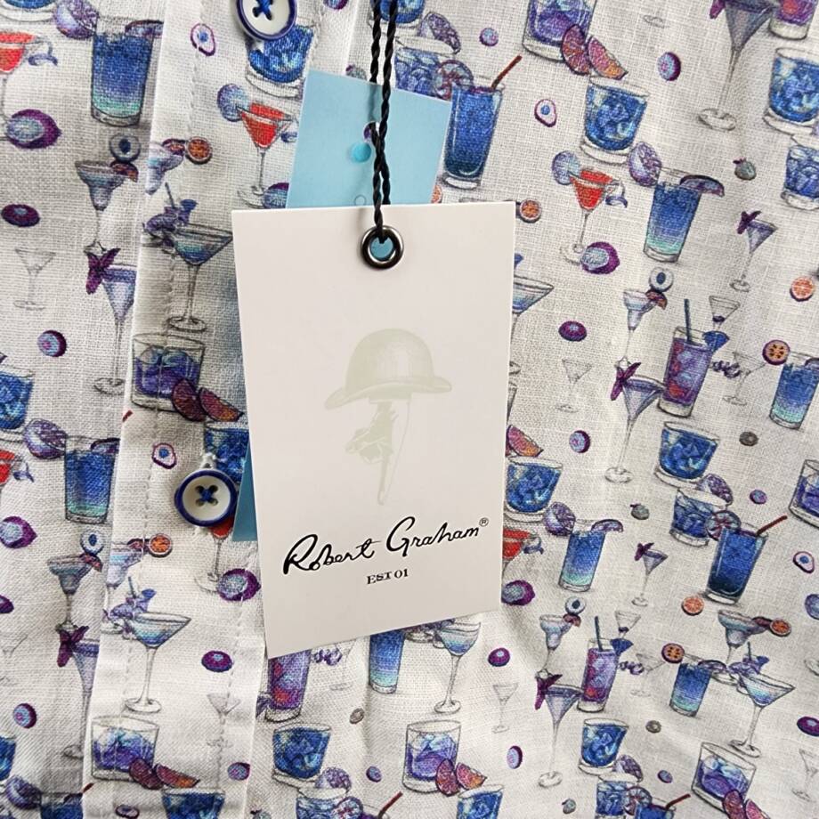 Robert Graham Linen Blend Button Front Shirt Men's L Blue Hawaiian Long Sleeve