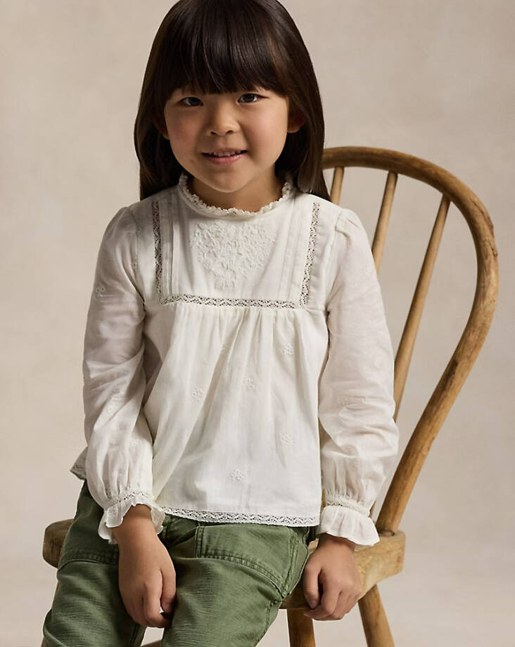 Ralph Lauren Embroidered Voile Top Girls' 6 White Collared Ruffled Button Back
