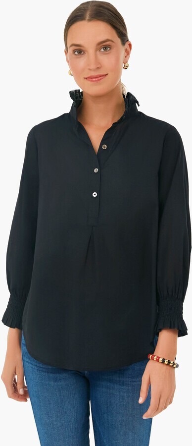 Tuckernuck The Teagan Popover Top Women's XS Black Rounded Hem Button Closure