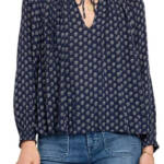 Faherty Emery Floral Peasant Blouse Women's Navy Smocked Split Neck Long Sleeve