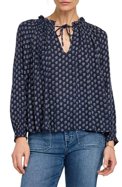 Faherty Emery Floral Peasant Blouse Women's Navy Smocked Split Neck Long Sleeve