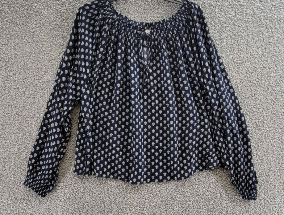 Faherty Emery Floral Peasant Blouse Women's Navy Smocked Split Neck Long Sleeve