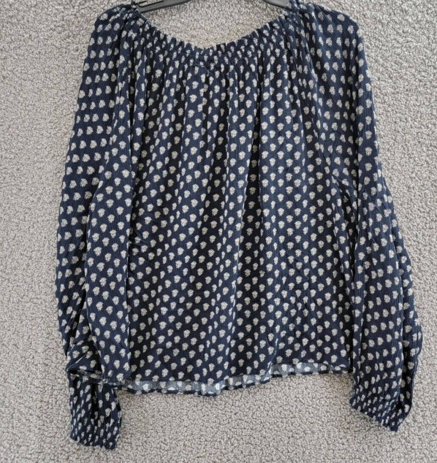 Faherty Emery Floral Peasant Blouse Women's Navy Smocked Split Neck Long Sleeve