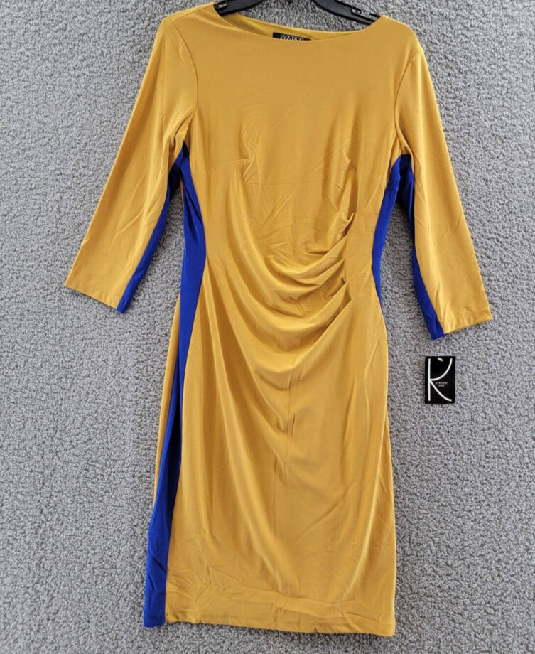 Kasper Side Stripe Dress Women's 6 Kasper Gold/Royal Blue 3/4 Sleeve Pullover