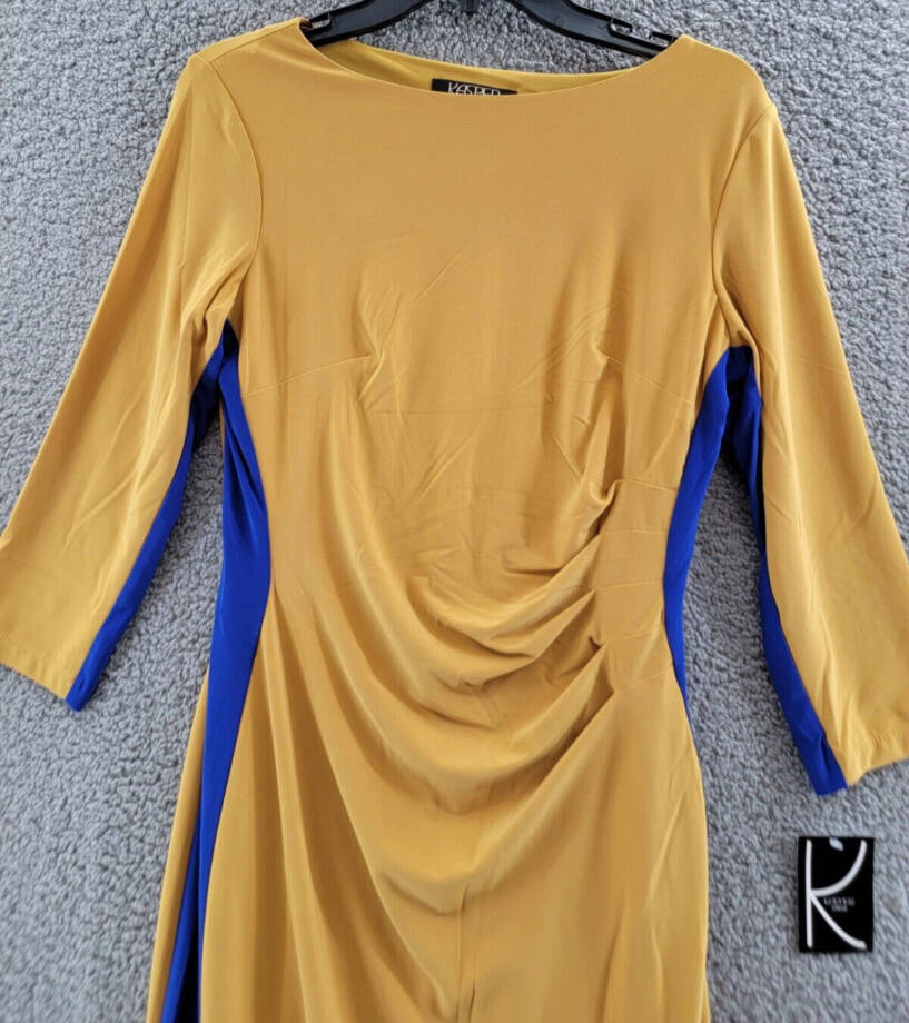Kasper Side Stripe Dress Women's 6 Kasper Gold/Royal Blue 3/4 Sleeve Pullover