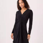 Karen Kane Twist Front Dress Women's XS Black Solid V-Neck Long Sleeve Pullover