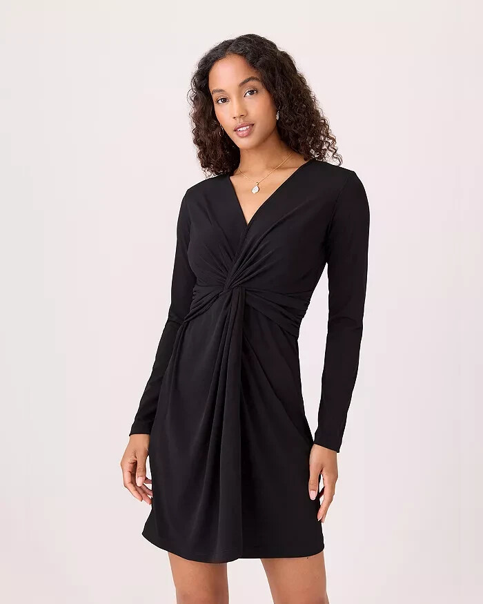 Karen Kane Twist Front Dress Women's XS Black Solid V-Neck Long Sleeve Pullover
