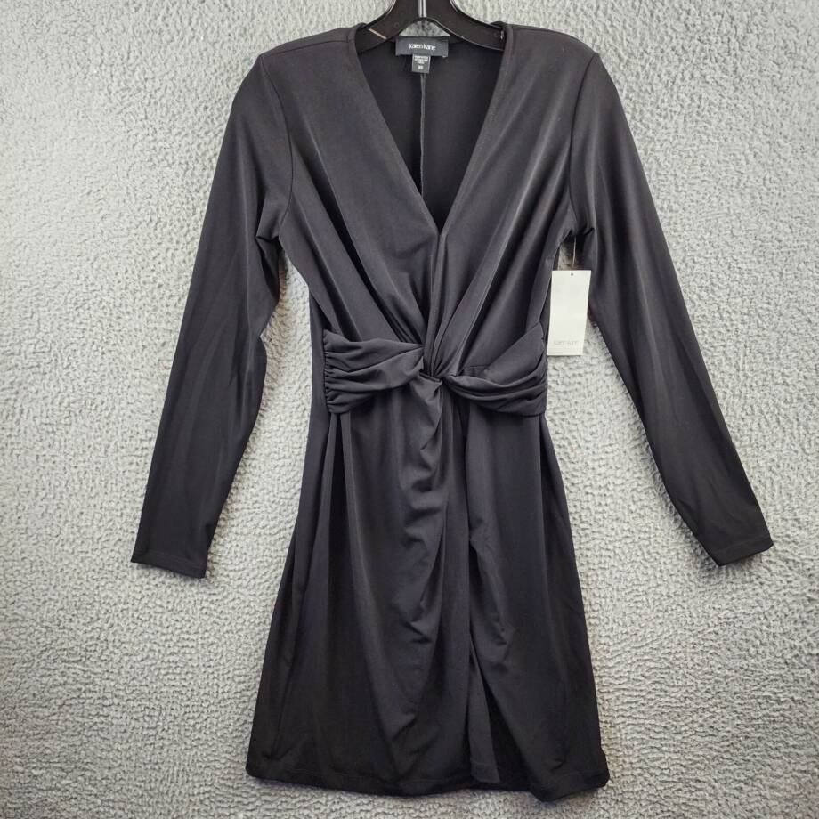 Karen Kane Twist Front Dress Women's XS Black Solid V-Neck Long Sleeve Pullover