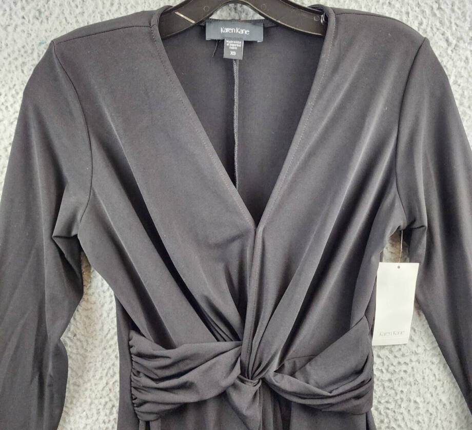 Karen Kane Twist Front Dress Women's XS Black Solid V-Neck Long Sleeve Pullover