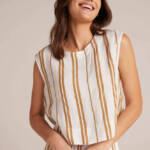 Bella Dahl Boxy Button Back Top Women's L Redwood Stripe Linen Blend Crew Neck