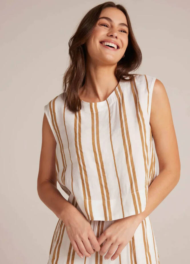 Bella Dahl Boxy Button Back Top Women's L Redwood Stripe Linen Blend Crew Neck