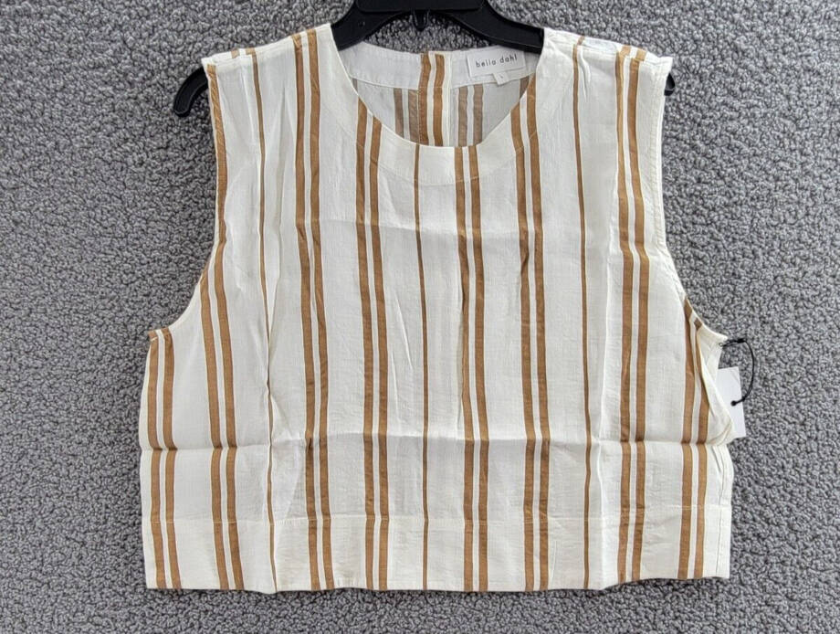 Bella Dahl Boxy Button Back Top Women's L Redwood Stripe Linen Blend Crew Neck