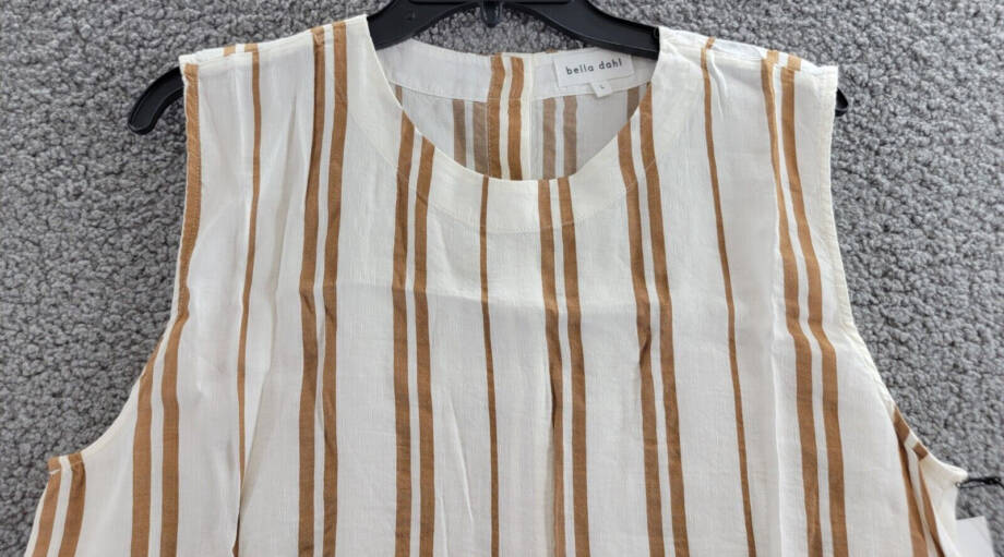 Bella Dahl Boxy Button Back Top Women's L Redwood Stripe Linen Blend Crew Neck