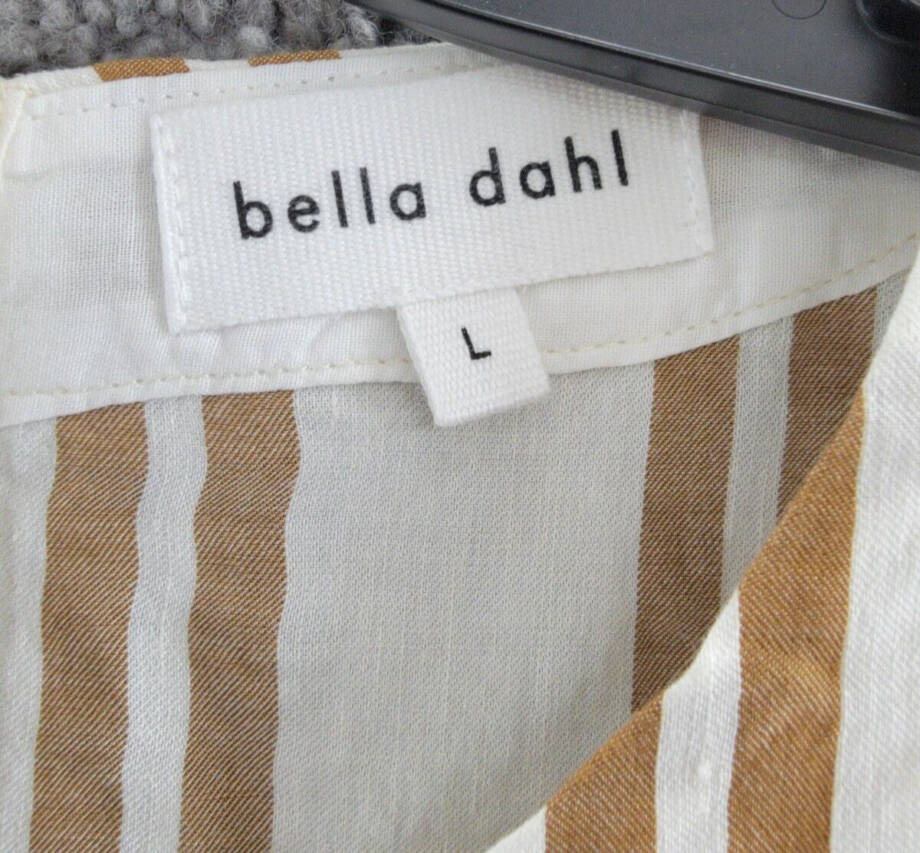 Bella Dahl Boxy Button Back Top Women's L Redwood Stripe Linen Blend Crew Neck
