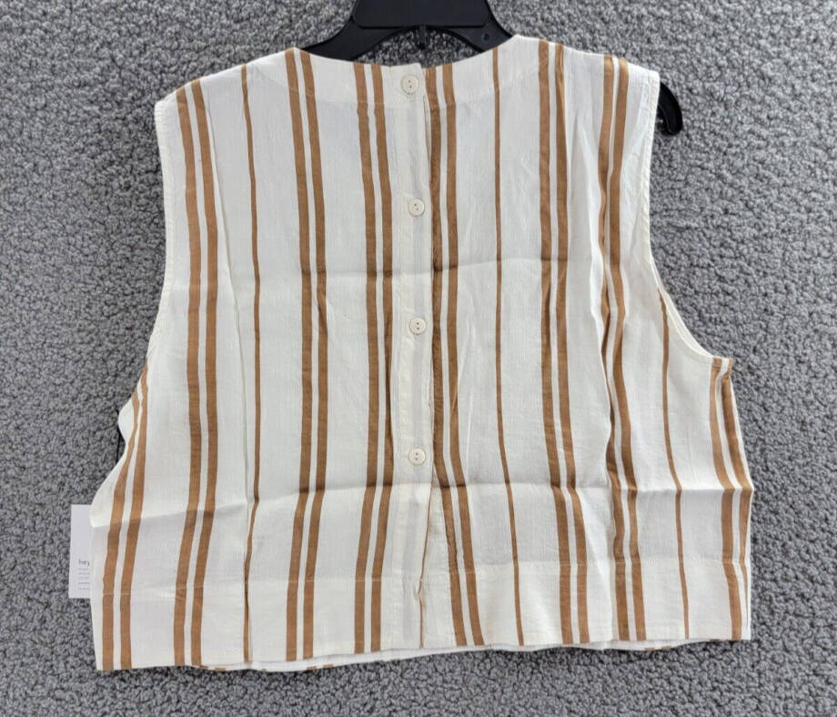 Bella Dahl Boxy Button Back Top Women's L Redwood Stripe Linen Blend Crew Neck