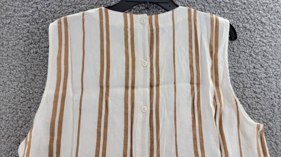Bella Dahl Boxy Button Back Top Women's L Redwood Stripe Linen Blend Crew Neck
