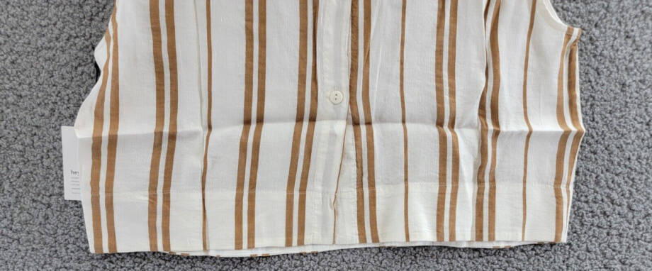 Bella Dahl Boxy Button Back Top Women's L Redwood Stripe Linen Blend Crew Neck