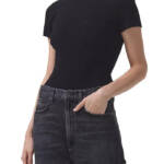 Agolde Arlo Rib Knit Pocket Tee Women's XS Black Solid Crew Neck Short Sleeve