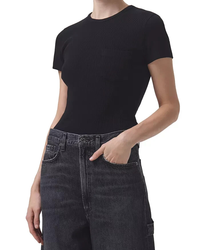 Agolde Arlo Rib Knit Pocket Tee Women's XS Black Solid Crew Neck Short Sleeve