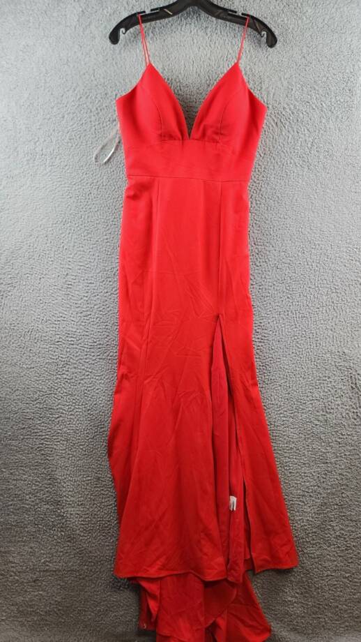Jarlo Deep V-Neck Gown Women's 8 Red Side Slit Spaghetti Strap Back Zip Closure