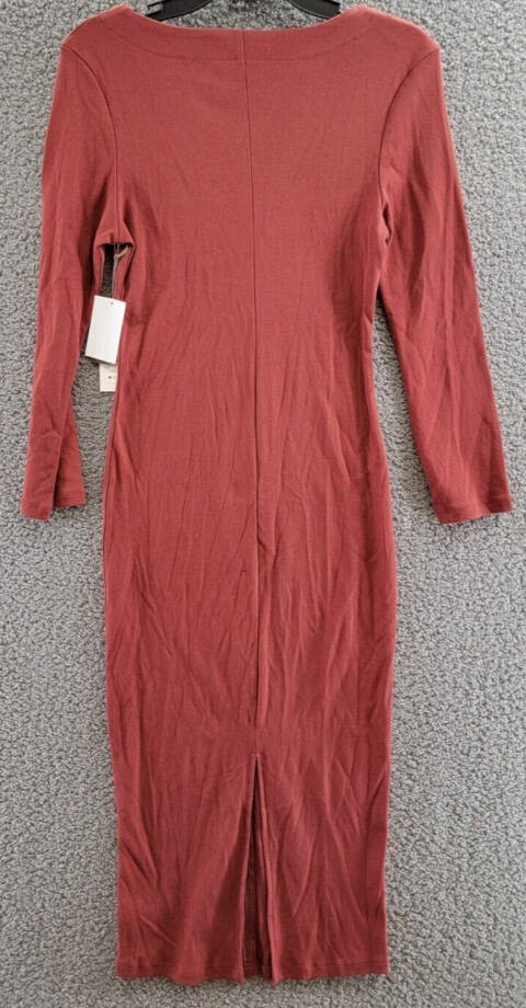 Three Dots V-Neck Midi Sweaterdress Women's S Russet Brown Long Sleeve Pullover