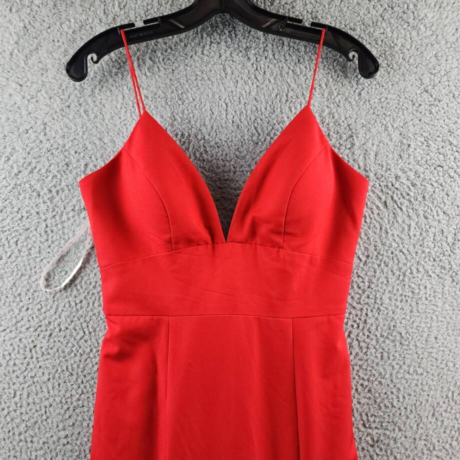 Jarlo Deep V-Neck Gown Women's 8 Red Side Slit Spaghetti Strap Back Zip Closure