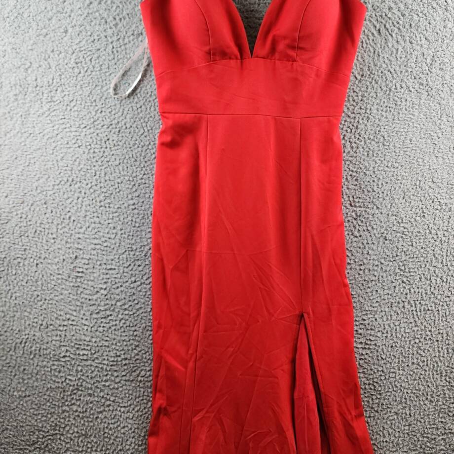Jarlo Deep V-Neck Gown Women's 8 Red Side Slit Spaghetti Strap Back Zip Closure