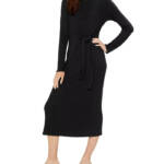 Three Dots Karen Dress Women's S Black Tie Waist Round Neck Long Sleeve Pullover