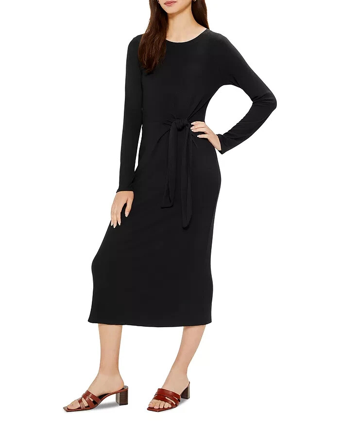 Three Dots Karen Dress Women's S Black Tie Waist Round Neck Long Sleeve Pullover