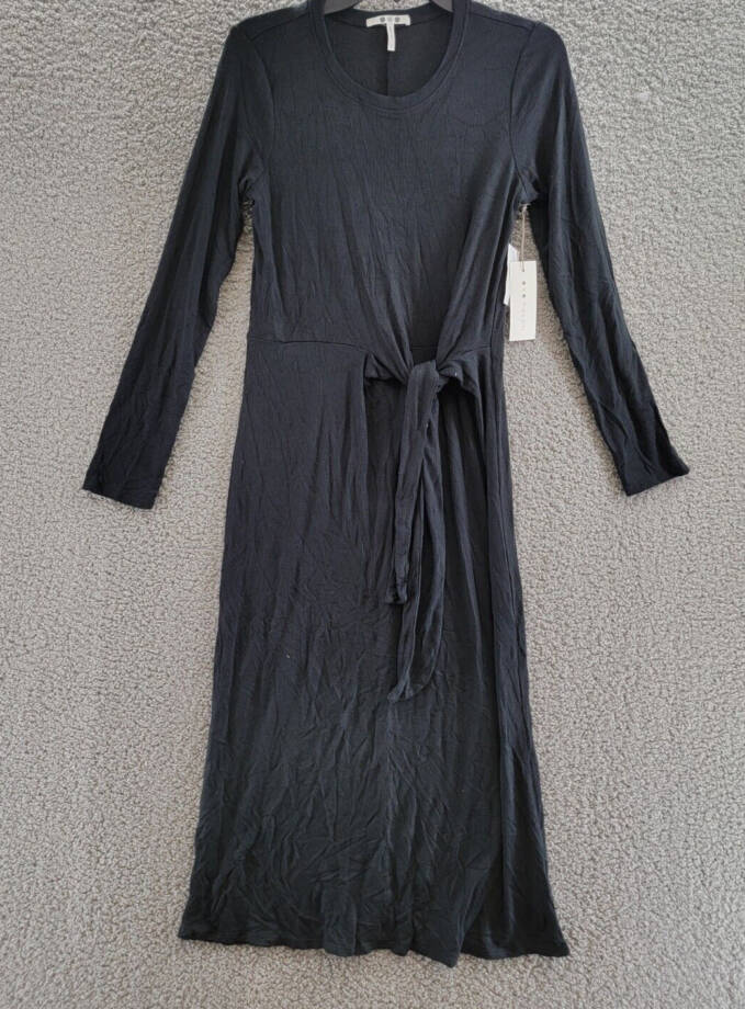 Three Dots Karen Dress Women's S Black Tie Waist Round Neck Long Sleeve Pullover