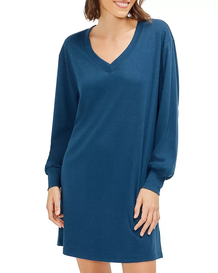 Three Dots V-Neck T-Shirt Dress Women's L Moonlit Ocean Long Sleeve Pullover